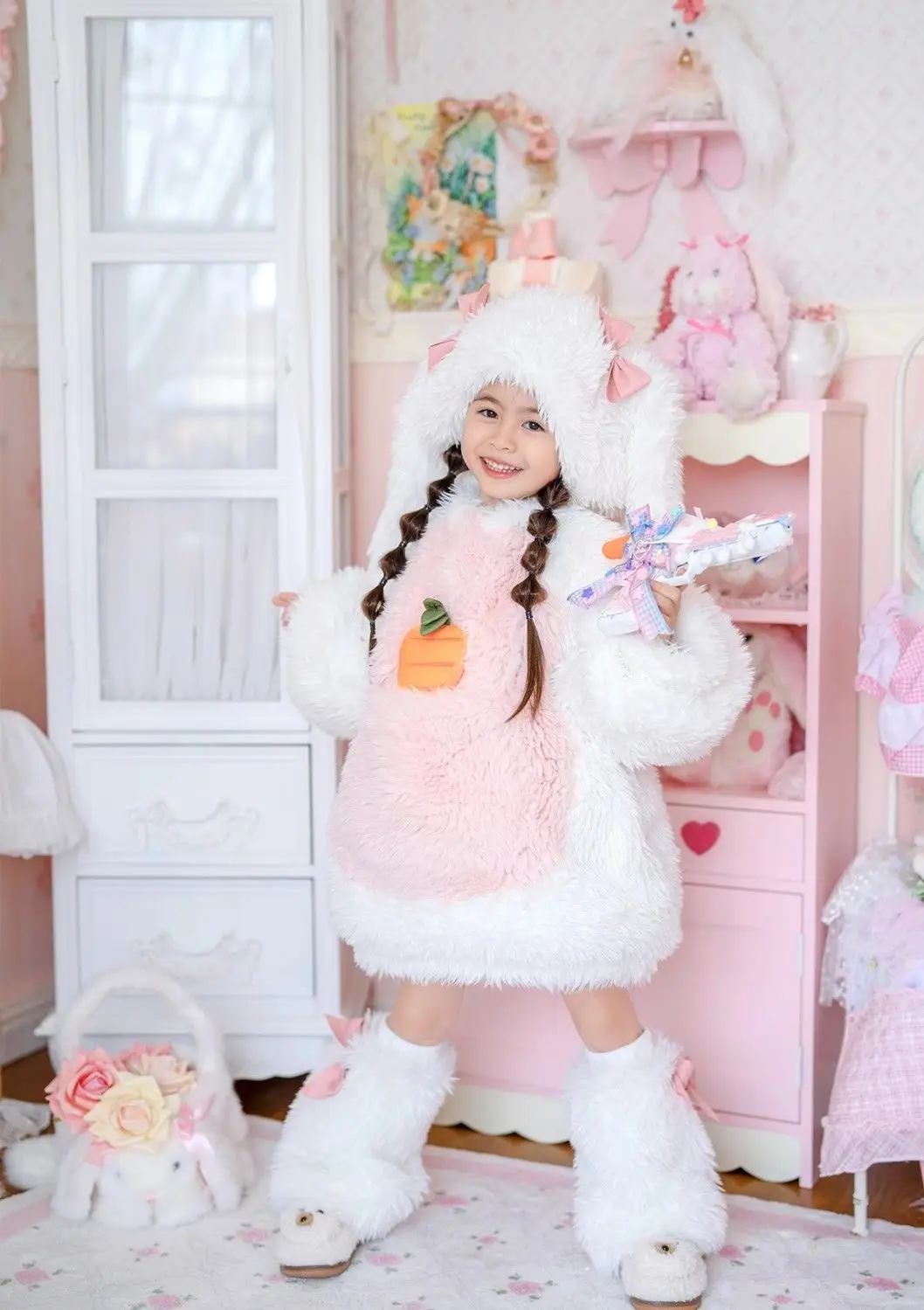 Cartoon Kinder Plüsch-Kaninchen Cosplay Kostüm Kawaii Mädchen Winter Warme Sets Top Hose Mütze Anzug 1-10 Jahre Mädchen Party Outfits Geschenk – Detail 13