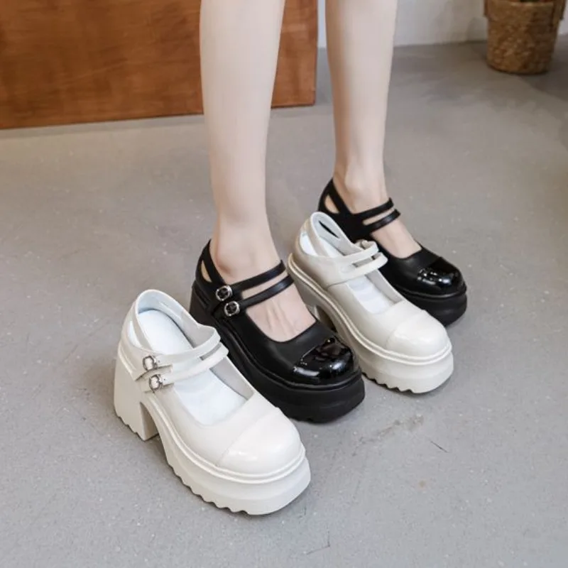 Fujin 10cm Patent Genuine Leather Breathable Pumps Summer Ankle Boots Chunky Heels Mary Jane Buckle Platform Autumn Spring Shoes image 6