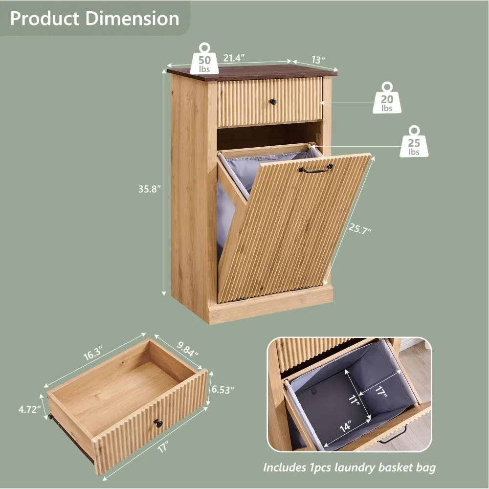 Modern Tilt-Out Laundry Hamper Cabinet, 10 Gallon Fluted Trash Can Cabinet,Wooden Hidden Garbage Can Cabinet with Laundry Basket