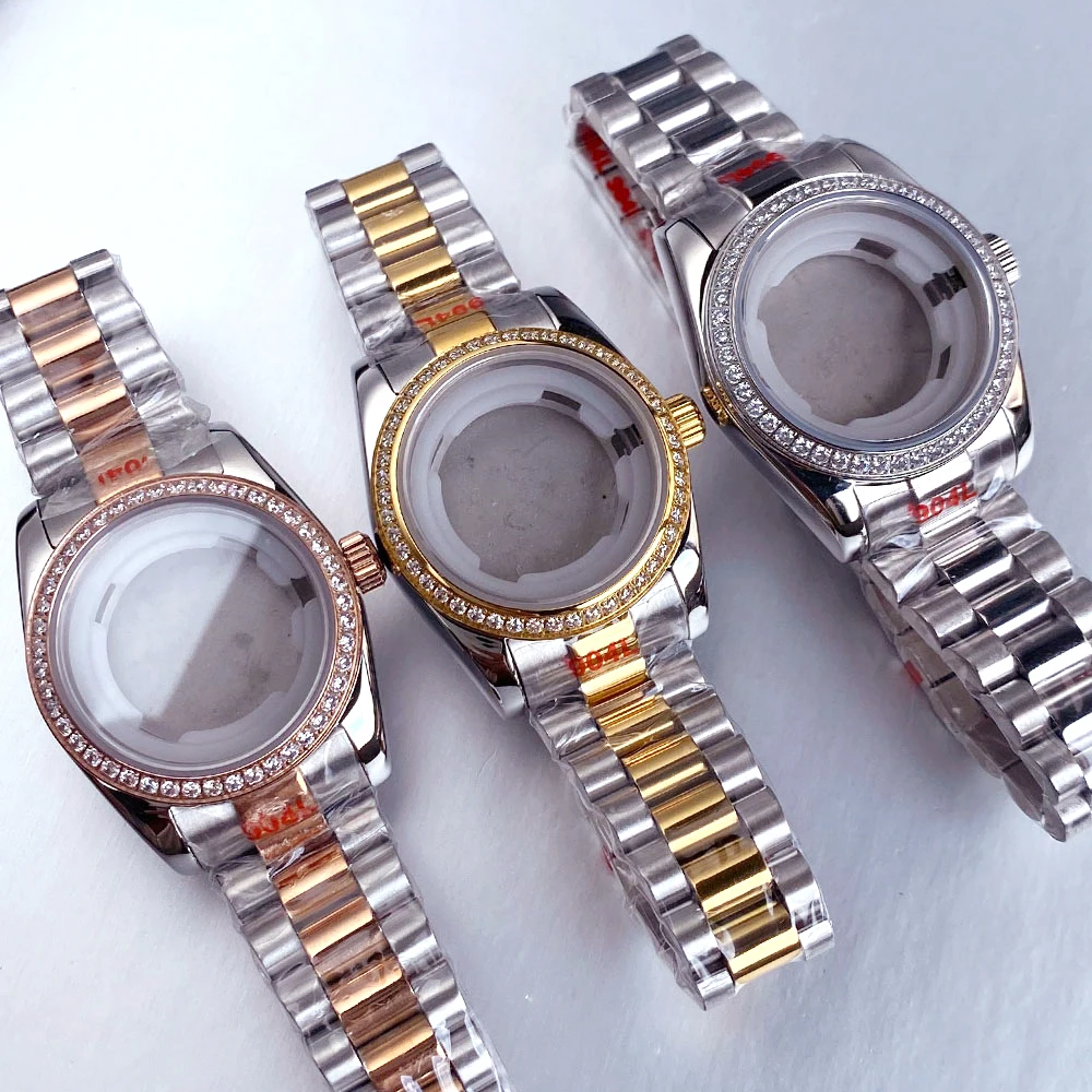 31mm Stainless Steel Women Watch Case Diamond Bezel Fit NH05A NH06A Sapphire Glass Silver Rose Gold Polished For Ladies Watch