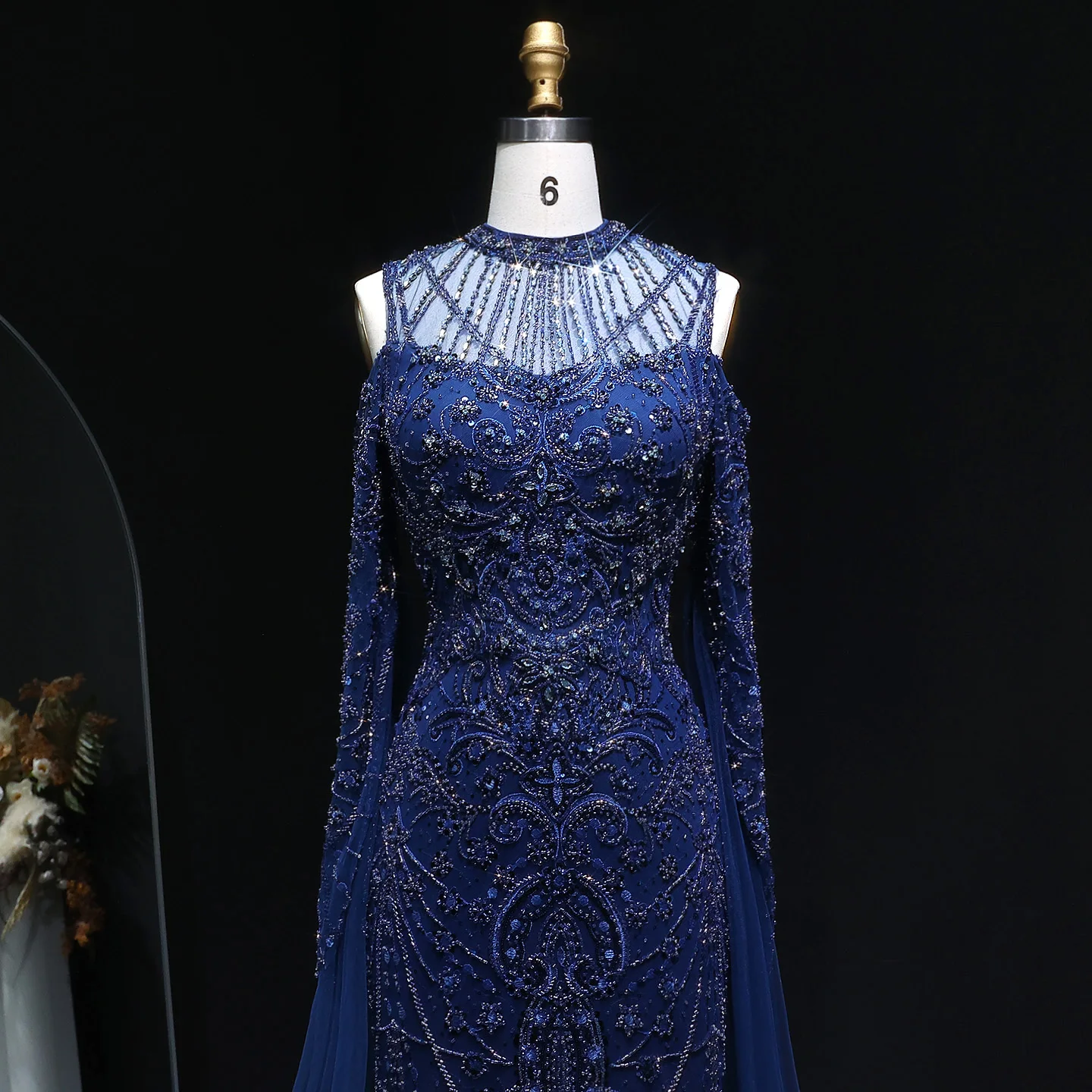 Sharon Said Marineblaues Luxus-Meerjungfrauenkleid mit Off-Shoulder-Ausschnitt und Langen Ärmeln für Damen, Hochzeit, Party, Abendkleid SS111 Maßanfertigung – Detail 6