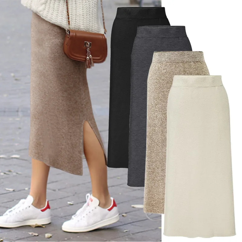 

New Fashion Autumn Winter Korean Knitted Women Skirts Large Size Elastic Waist Split A-line Skirts Female Plus Size Skirts