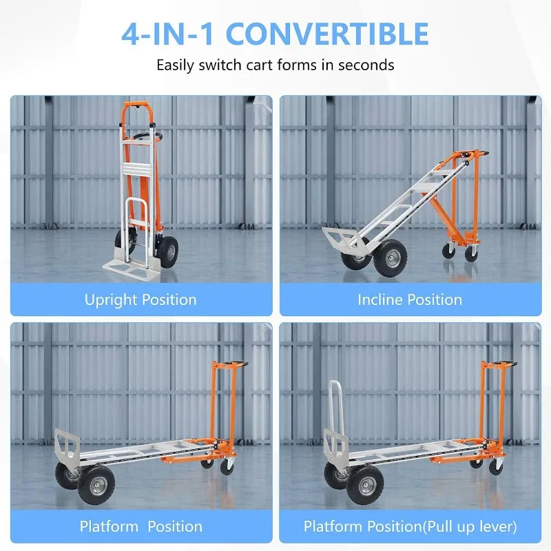 home.4 in 1 Gerobak Dorong Konvertibel, Gerobak Dorong Lipat dengan Roda Padat, Gerobak Dorong Aluminium Berat 1000LBS untuk Barang L