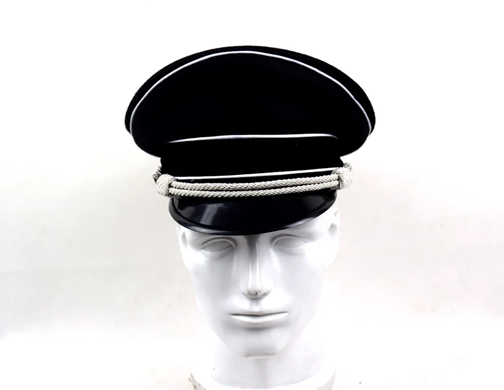 Replica WW2 German Elite Officer's Wool Visor Hat W White Chin Pipe Silver Cord Black