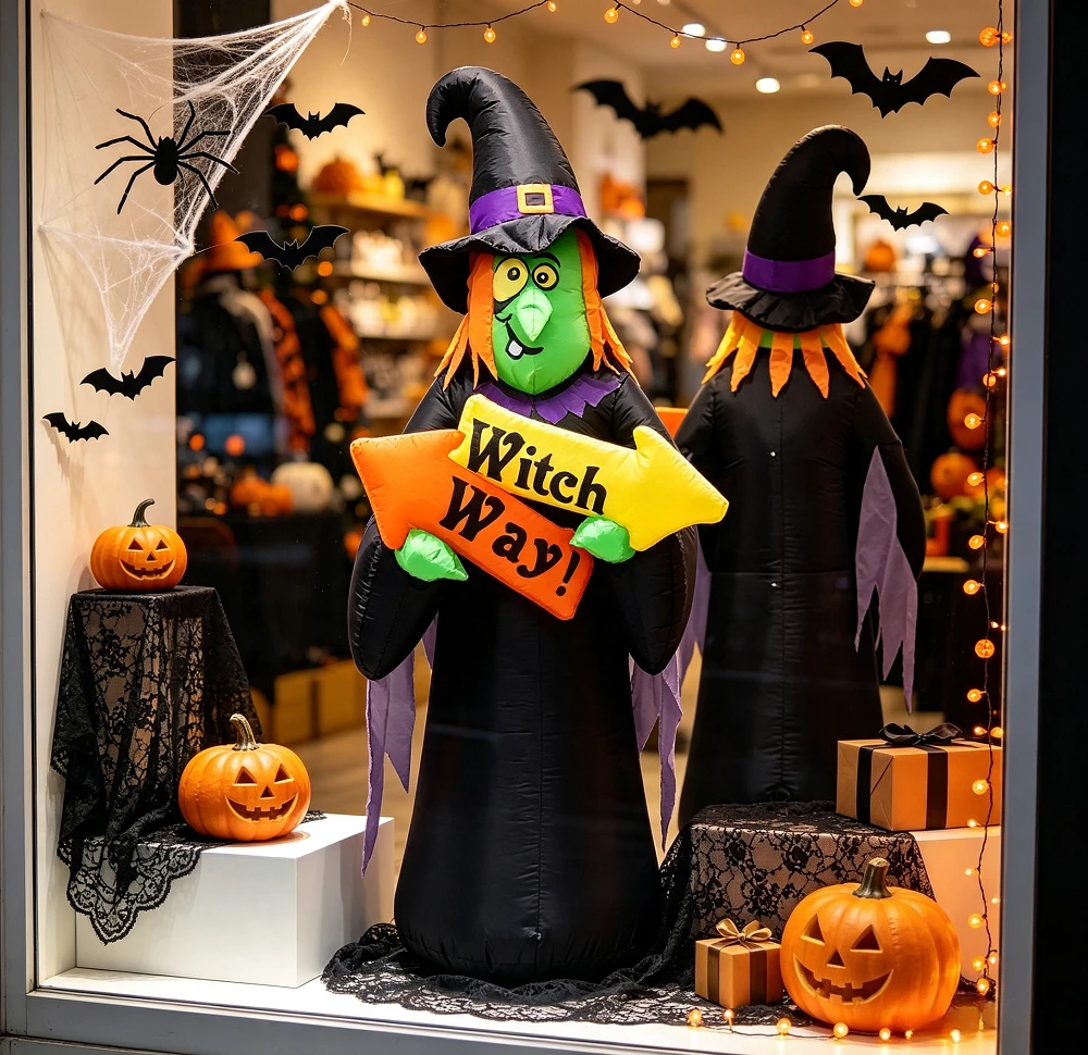 2.4m Halloween Large Inflatable Witch with Built-in LED Lights Courtyard Lawn Garden Outdoor Holiday Party Decoration Ornaments