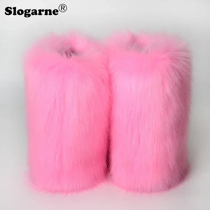 Women\'s Winter Faux Fox Fur Boots Outdoor Luxury Furry Snow Boots Woman Plush Warm Platform Shoes New Fashion Bottes Big Size 44