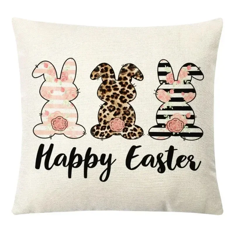 Stripe Leopard Eggs New Rabbit Easter Day Cushion Cover Linen Throw Pillowcase For Sofa Seat Letter Rose Cross Pillow Cover