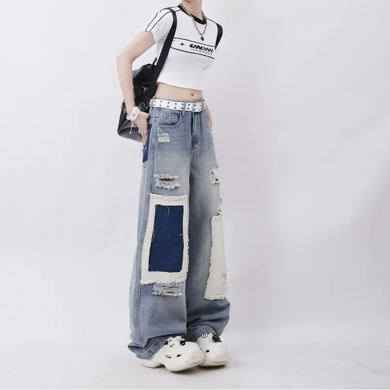 

Women Patched Oversized Hole Jeans Pockets Spring Summer Hip Hop Pants High Street Trend Design Loose Straight Wide Leg Trousers