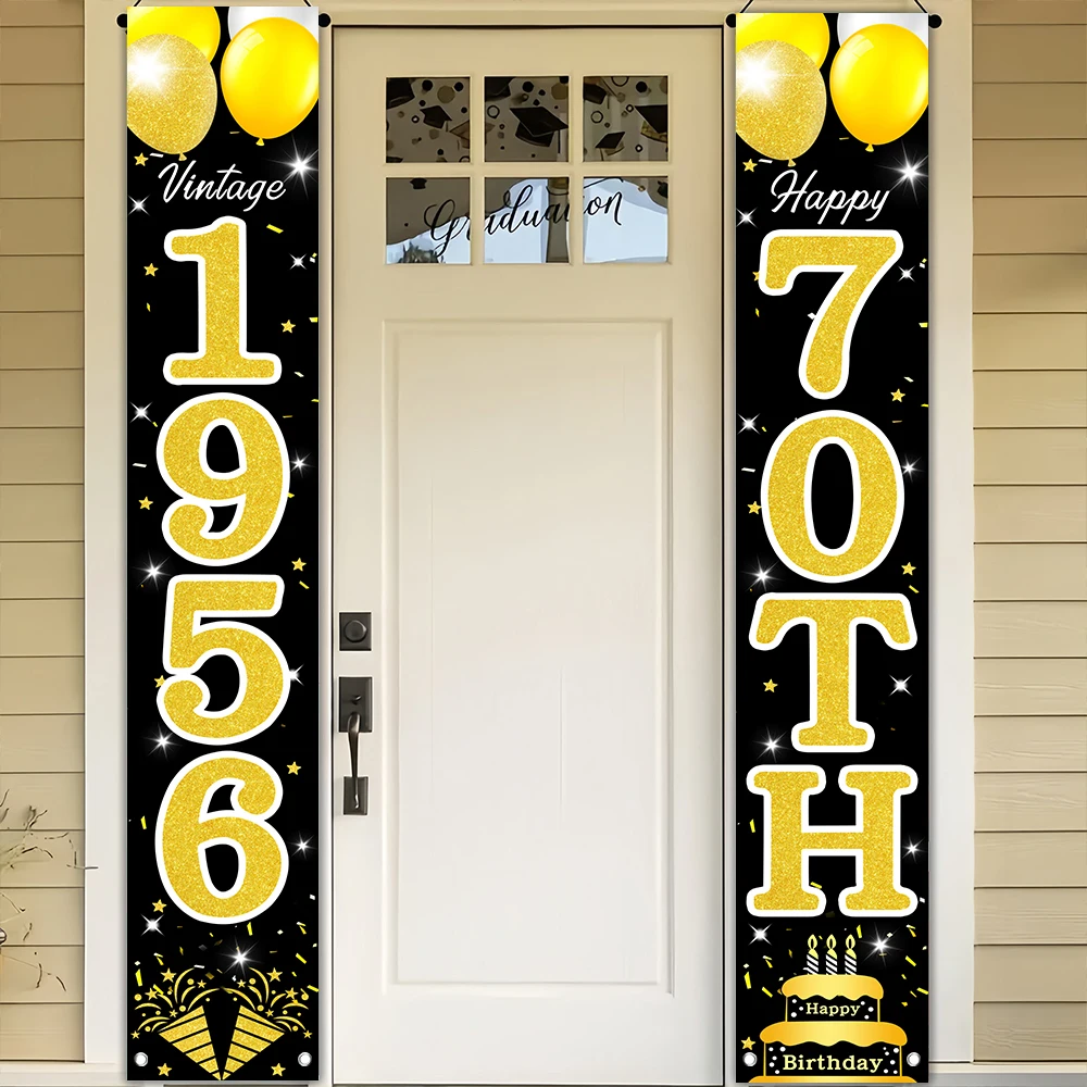 Schwarz-Gold Glitzer 70. Geburtstag Veranda-Banner, Retro 1956 Vintage Geburtstags-Türbanner mit Luftballons und Kuchen für die Feier – Detail 6