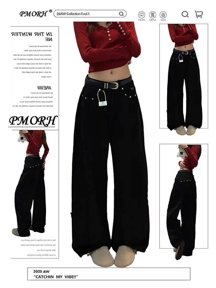 

Women's Black Jeans Harajuku Wide Fit Tide Punk Denim Pants American Retro Hip-pop Y2K Harajuku Cowboy High Street Streetwear