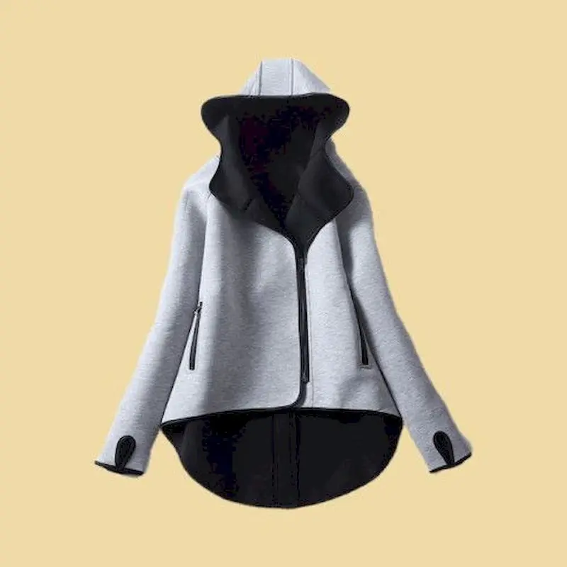 Fashion Grey Straight Hoodies Women Irregular Design Hooded Collar Zipper Cardigan Coats Three Seasons Trend Casual Loose Hoodie