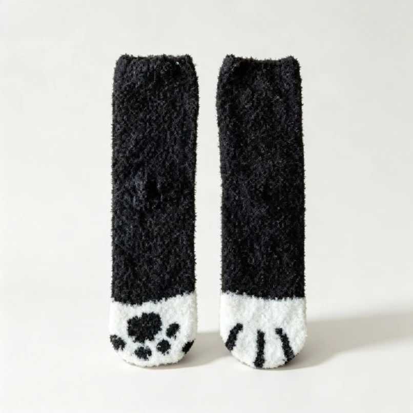 Women Cute Cat‑Paw Pattern Fuzzy Socks Soft Coral Fleece Warm Mid‑Calf Socks Winter Cozy Home Sleeping Socks