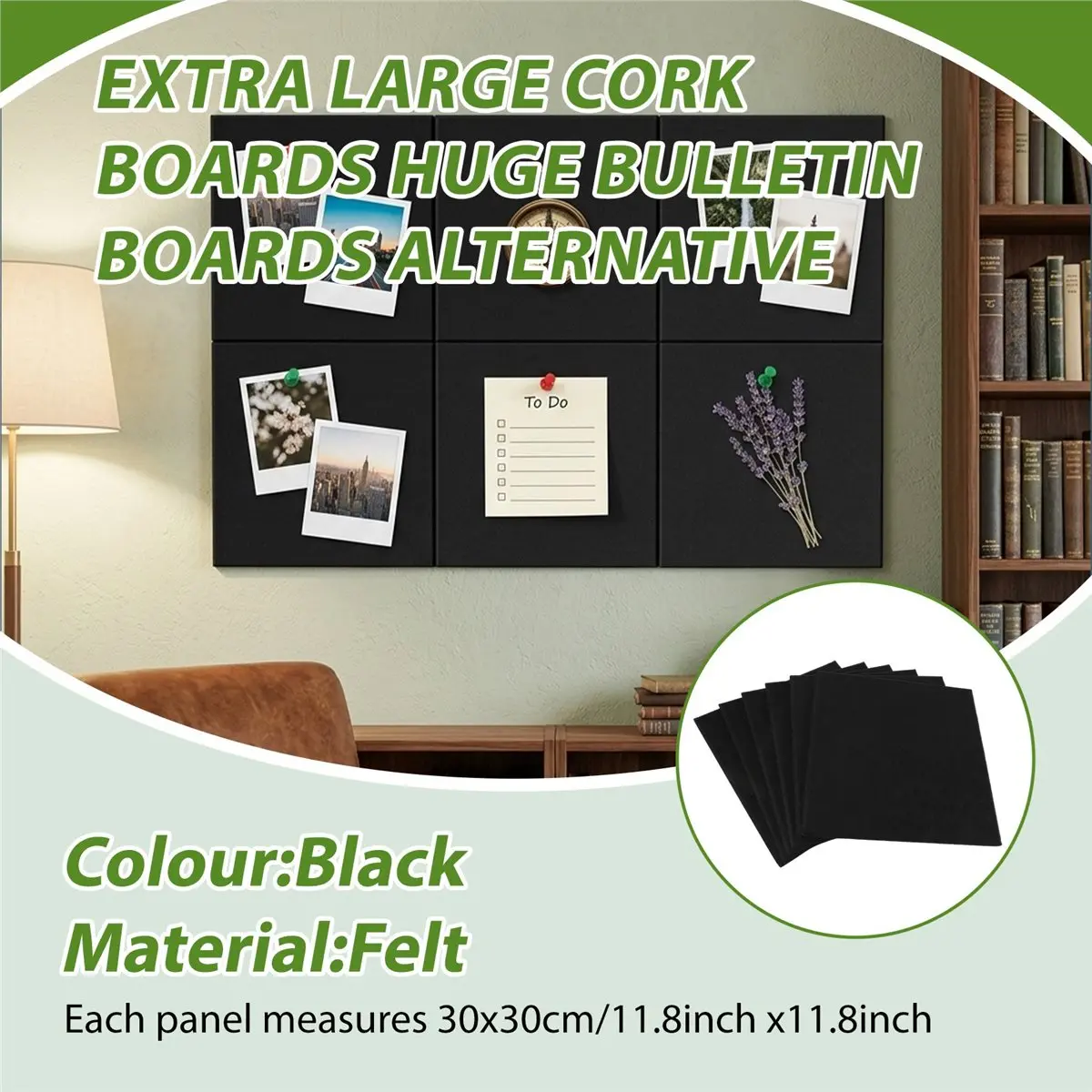 OK Cork Board Alternative, 6 Pack Felt Wall Tiles with 50 Pushpins, Black Cork Boards for Walls Cork Board