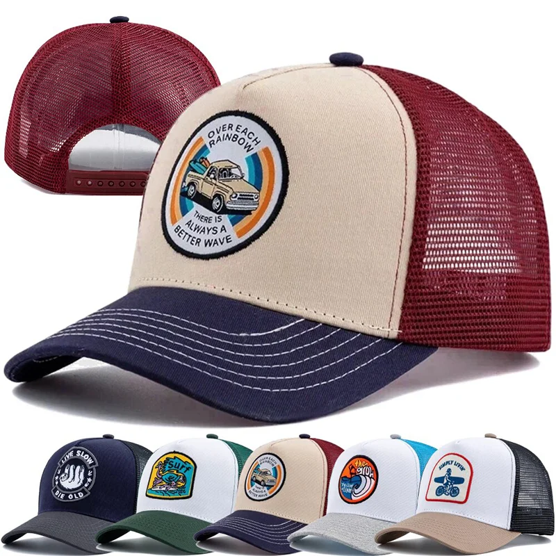 Nowa unisexowa czapka typu trucker z haftem na rok 2026 dla mężczyzn, z zakrzywionym przodem, półsiatkowa czapka baseballowa z naszytym logo, oddychająca, z siatkową tylną częścią i zapięciem snapback