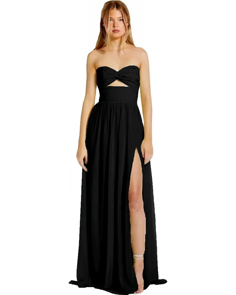 

Strapless Chiffon Prom Dresses Pleated Sexy High Split Backless Cocktail Party Dress Off The Shoulder Long Evening Dresses