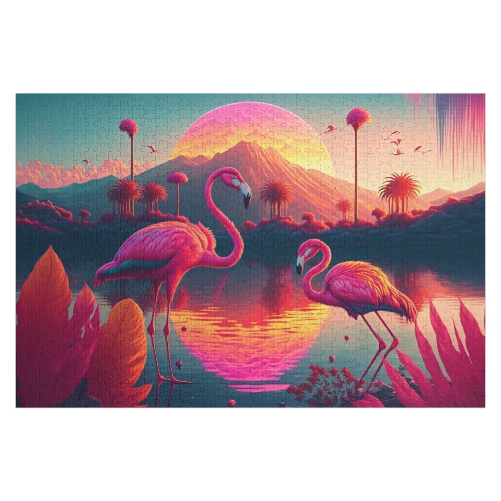 

Retro Flamingos In The Sun Jigsaw Puzzle Custom Name Wood Wood Photo Personalized Puzzle