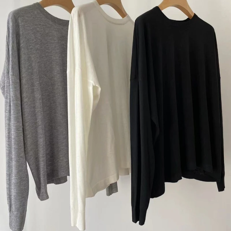 Early Autumn New Tops Loose Three -color Loose Version Wool Round Collar Long -sleeved T-shirt for Women