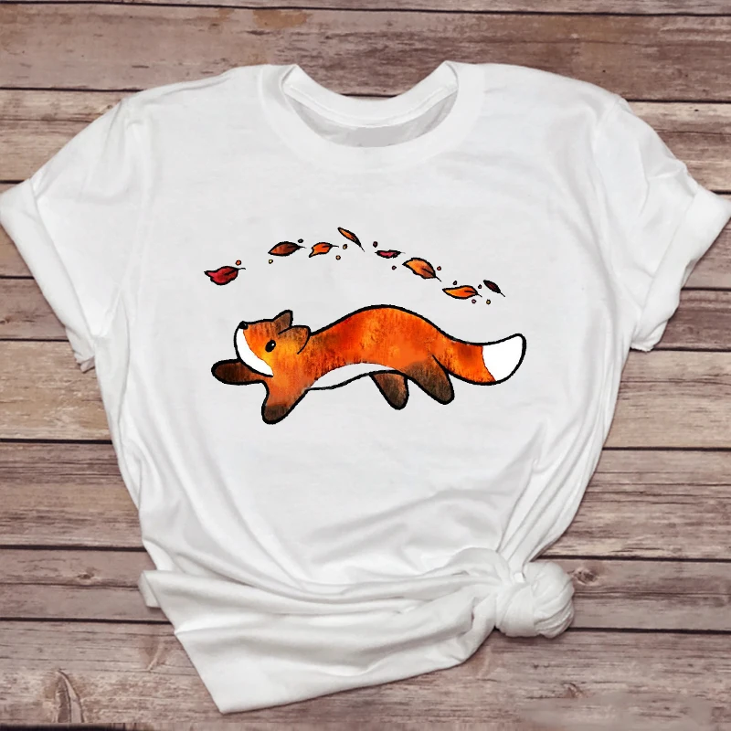 Women T-shirts Watercolor Fashion Short Sleeve 90s Fox Animal Ladies Print Graphic T Top  Lady Shirt Travel Tee T-Shirt