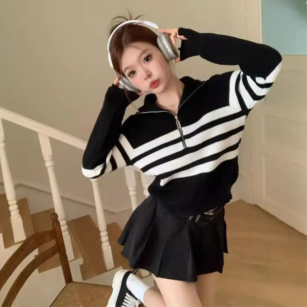 

Fashion Long Sleeve Knit Stripe Sweater Zipper Slim Fit Crochet Knitwear Soft Autumn Winter Sweet Girl's Pullover Autumn Spring
