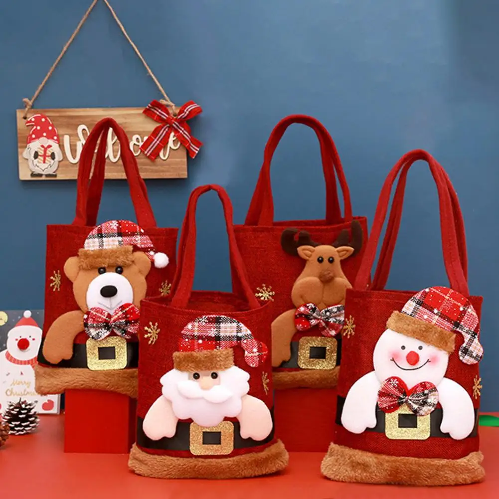 Holiday-themed Tote Bag Large Capacity Christmas Handbag with Cartoon Santa Claus Snowman Elk for Children's Gifts Candy Bags