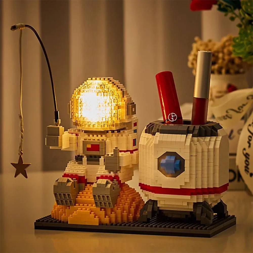 LED Lighting Astronaut Micro Mini Building Block Set – Space Theme, Cognitive Development for Kids, Pen Holder with Mini Lamp