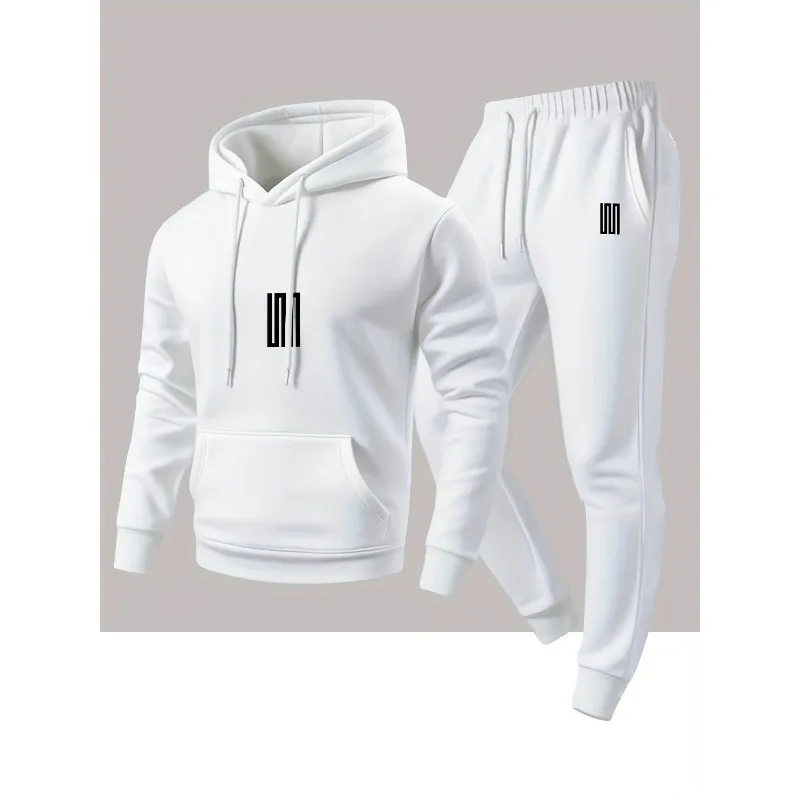 Men Spring Autumn Hooded Tracksuit Simple Logo Print Hoodie Elastic Waist Jogger Pants 2‑Piece Casual Sports Street Outfit
