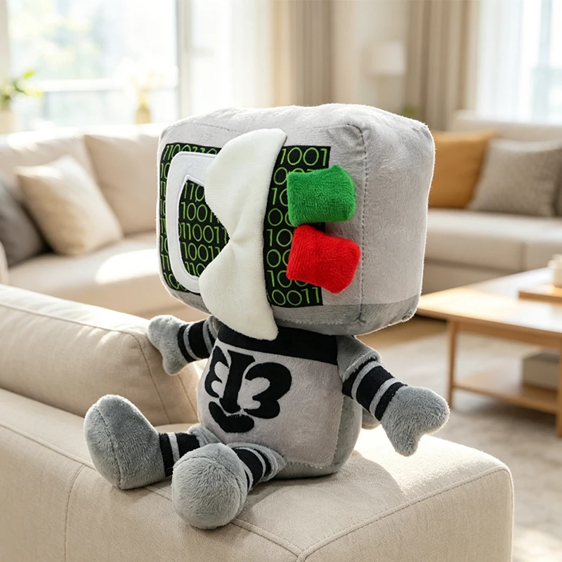 2 Pack Sci-Fi Robot Character Plush Dolls with Square Screen Head Round Red Helmet Desk Decor Collectible Figurines