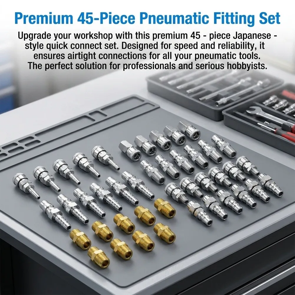 45 Piece Pneumatic Connector Kit for Air Compressor Systems with Nickel Plated Finish and Optimized Flow Performance