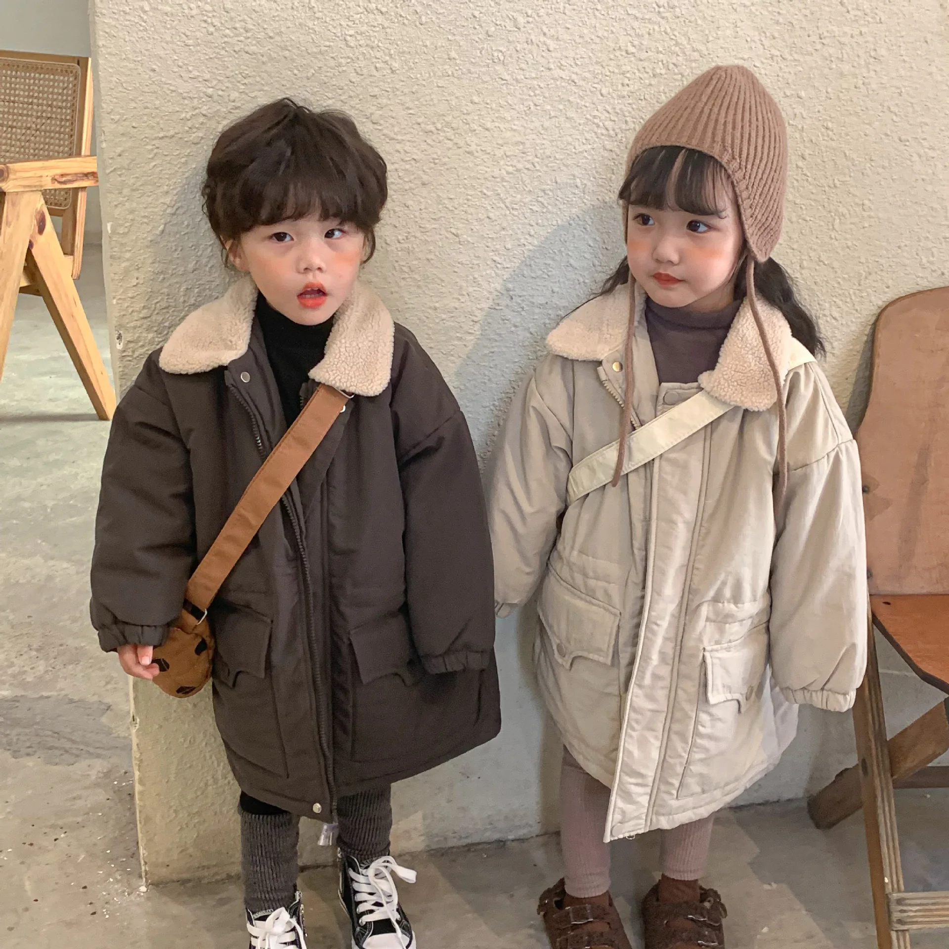 

Korean children's mid length plush and thick windbreaker warm coat, new cotton jacket for boys and girls, cotton jacket