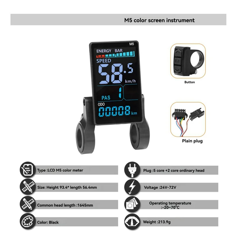 

M5 Electric Bike Color LCD Display Meter 36V 48V/26A Big 9 Sine Wave Controller E Scooter LCD Panel For Mountain Ebike