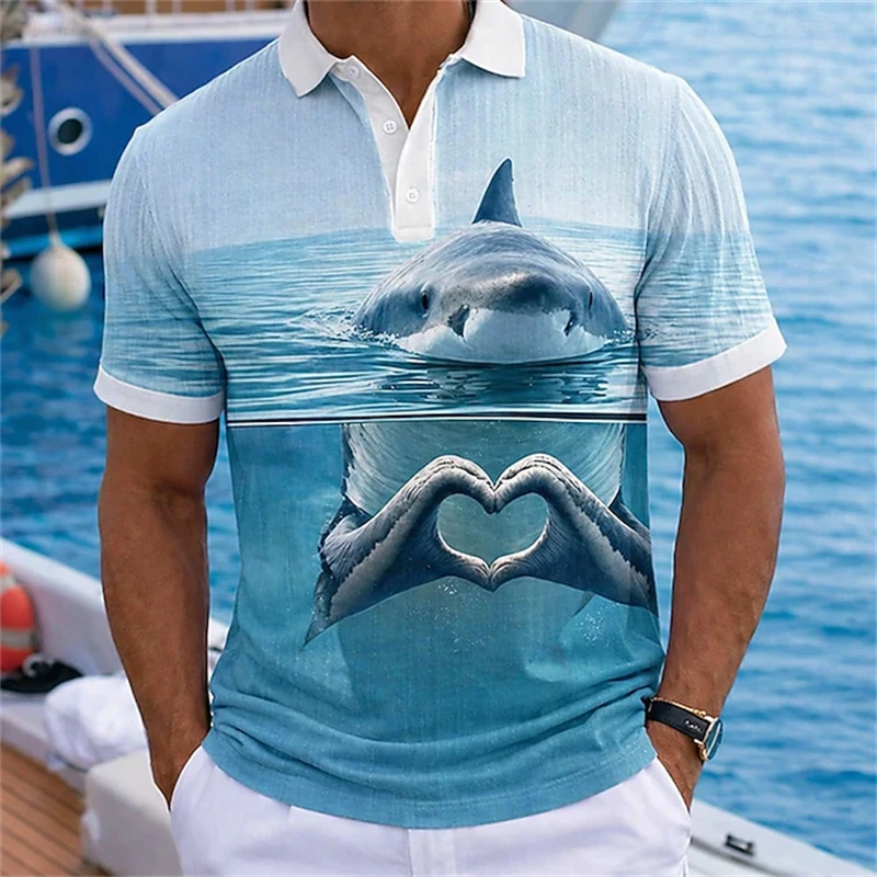 Men's Summer Short-Sleeve Shirt with Shark and Heart Print Casual Street Style Polo Shirt with Collar and Button Details