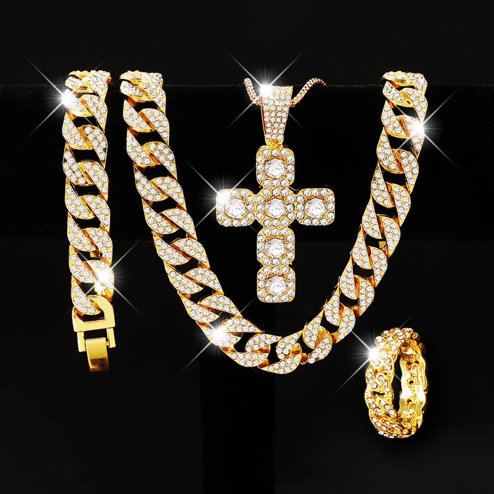 4PCS Men's Fashion Hip Hop Cross Jewelry Set, Cuban Chain Sparkling Jewelry Set, Daily Match
