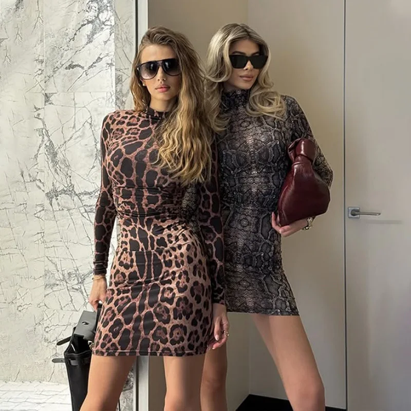 Gaun Prom Musim Gugur Motif Leopard Ular Kerah Tinggi Lengan Panjang Model Sheath Pendek Formal untuk Tamu Pernikahan Gaun Kasual Pesta Malam Gaun Pengantin