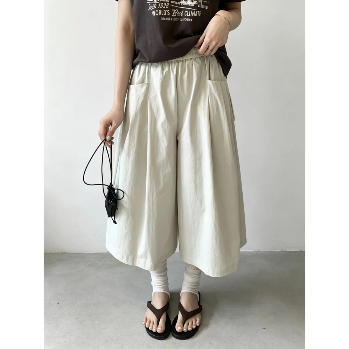 

Fashionable Elastic Waist Double Pocket Wide Leg Seven Inch Casual Pants Korean Style Chic Summer New Arrival Ladies Pants
