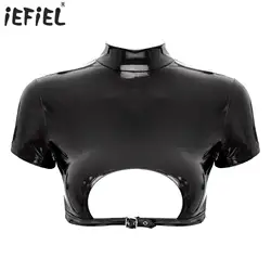 Women’s Crop Top with Mock Neck Short Sleeve Back Zipper Disco Tops Little Cutout Buckle Skinny Lingerie Rave Party Crop Top