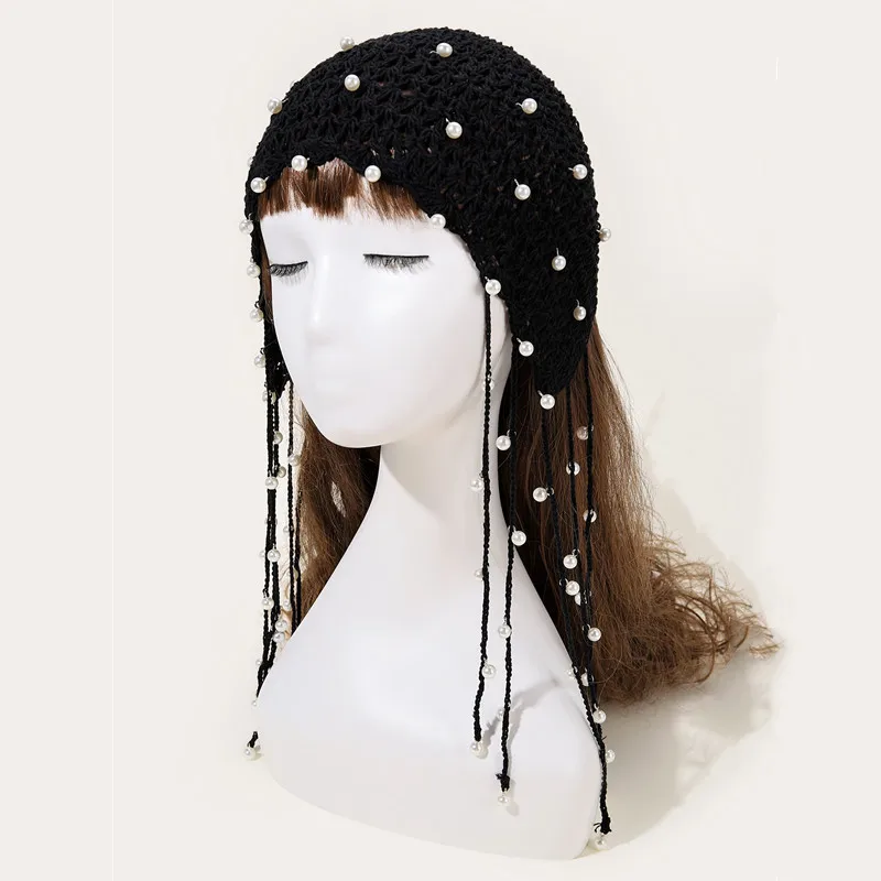 Women\'s Hand-knitted Wool Cap Pearl Tasseled Baotou Cap Retro Versatile Turban Cap Fashion Princess Hat Brimless Penny Hat