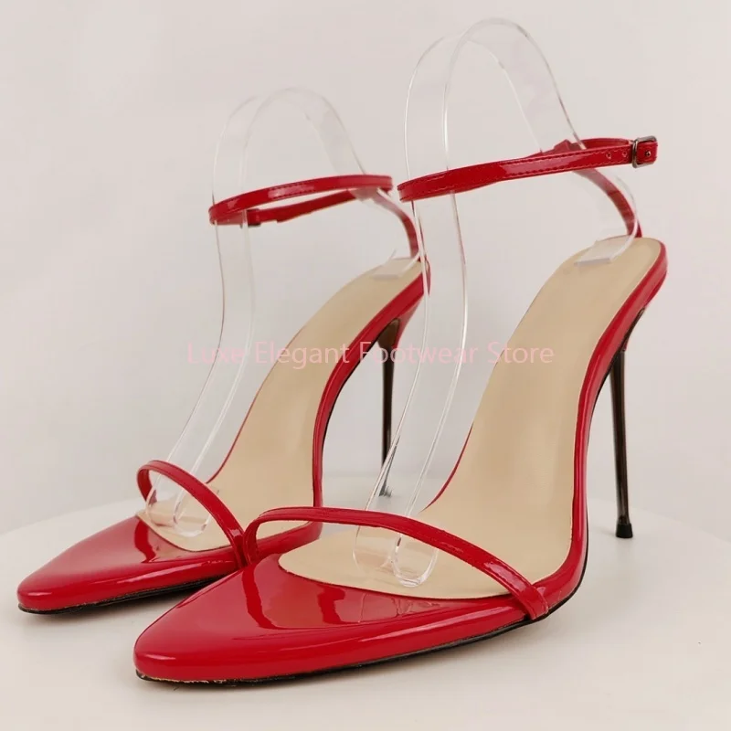 Red Ankle Wrap Pointed Toe Metal Heel High Heels Women Solid Buckle Strap High Heels Fashion Trendy Party Club Summer Shoes New