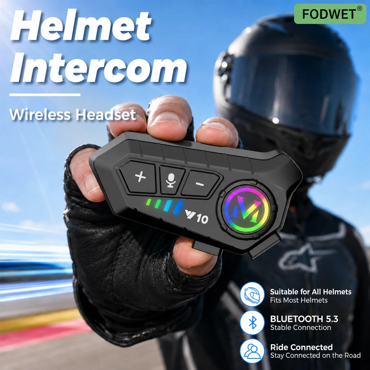 Y10 Motorcycle Helmet Headset Stereo Voice Control Bluetooth 5.3 Hands Free Call Ipx6 Waterproof 1000Mah with Ambient Light