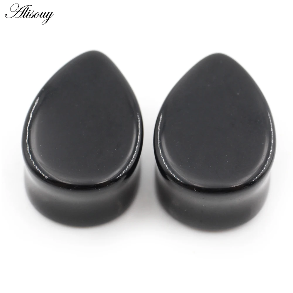 Alisouy 2pcs Natural Stone Flat Surface Water Drop Ear Plugs Tunnels Expander Stretcher Ear Earring Gauges Body Piercing Jewelry