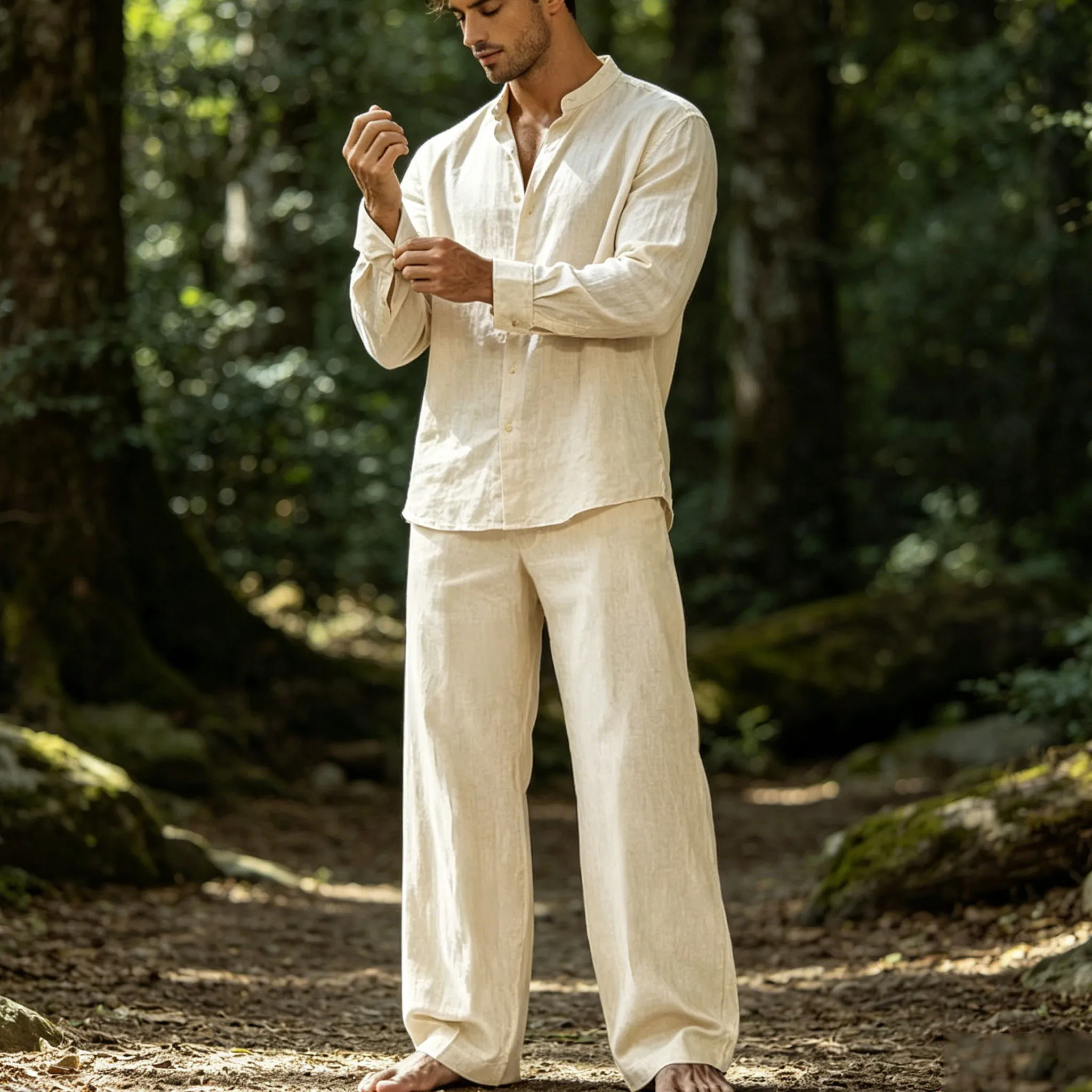 Men's Linen Cotton Pants Loose Fit Straight Leg Trousers Half Elastic Waist Lightweight Breathable Casual for Beach Holiday Wear