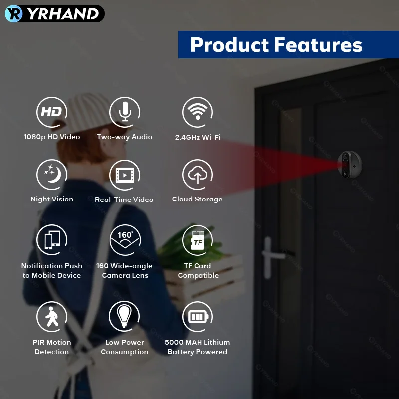 YRHAND Smart Tuya WiFi 1080P Video Doorbell Eye Peephole Camera 4.3Inch PIR Motion Detection Digital Door Viewer for home