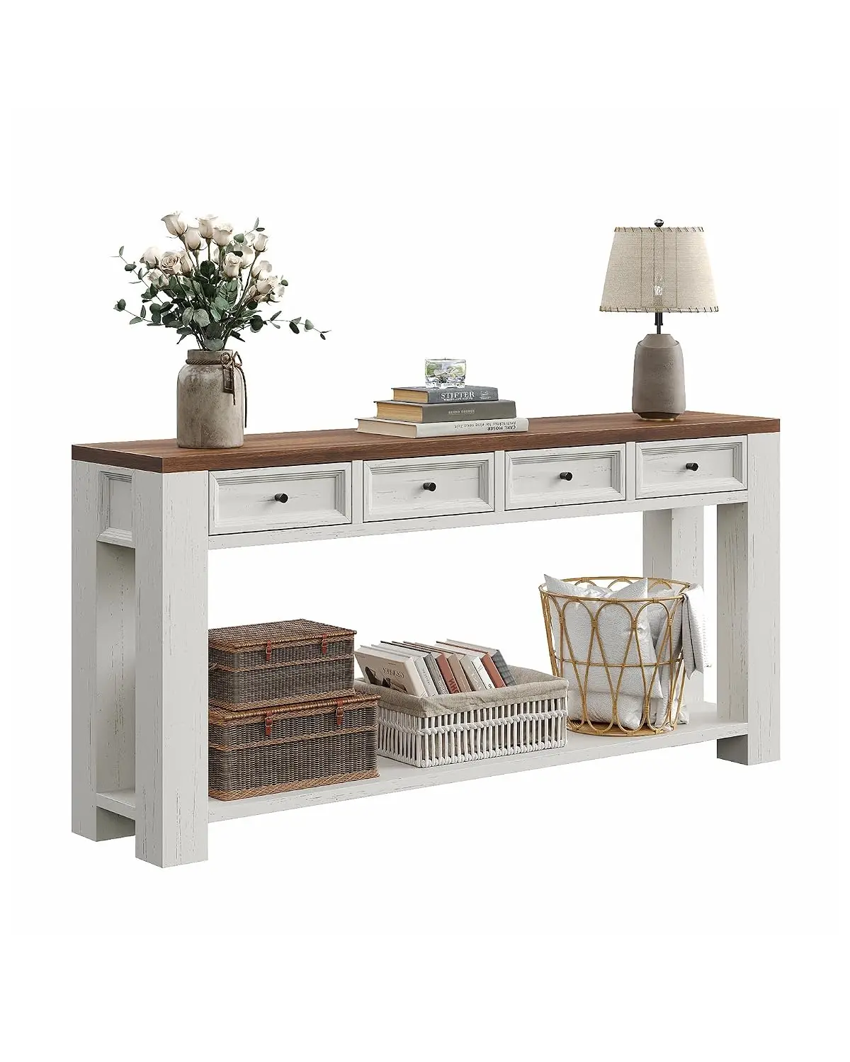 63 Inch Console Table, Sofa Table Behind Couch, Entryway Table with 4 Drawers & Open Shelf, Farmhouse Sofa Table, Customized