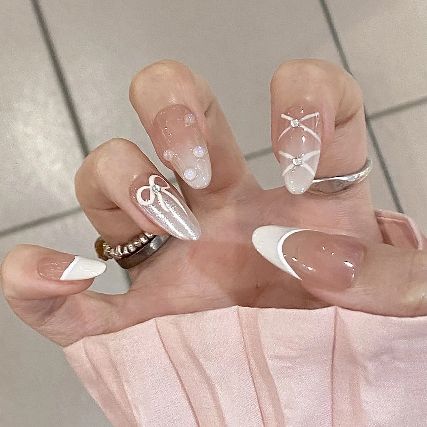 10PCS Handmade Almond Press on Nails Simple French Ballet Bow Design Fake Nails Art Wearable For Sweet Girls Manicure Set