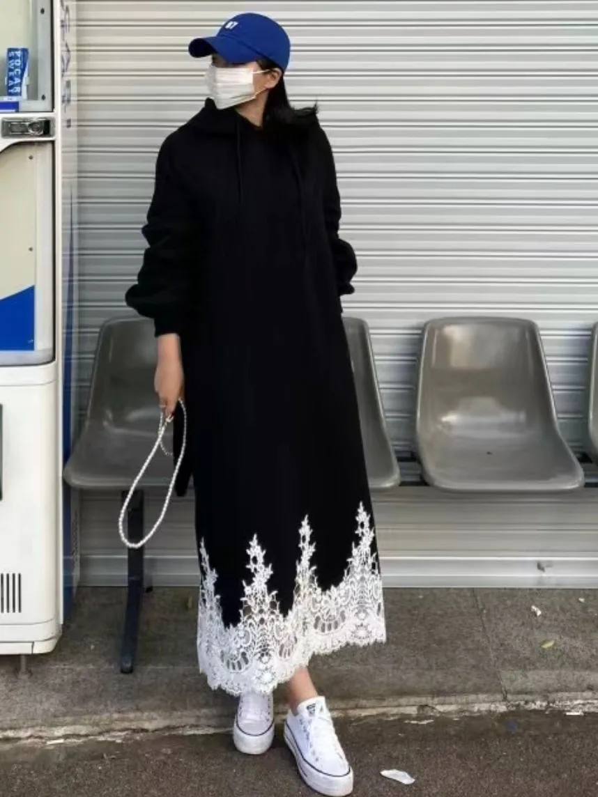 Renda emenda gancho flor moletom Dr feminino solto perna larga saia longa outono inverno novo Sle commute Sle Pure E-com...