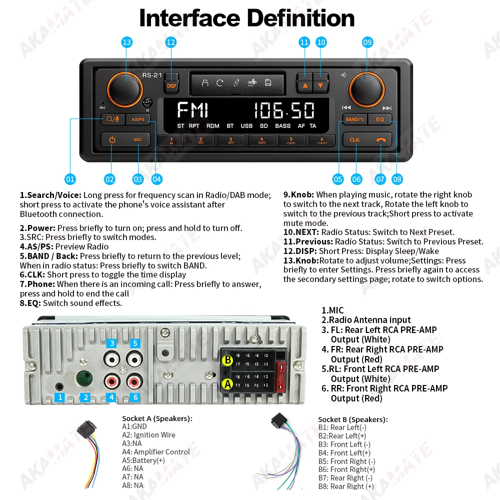 1 Din MP3 Autoradio im Retro-Stil Bluetooth 5.1 AUX FM AM RDS EQ QC3.0 Sprachsteuerung 12V Multimedia-Stereo-Haupteinheit USB TF-Player – Detail 12