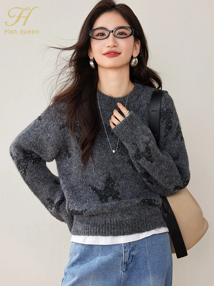 

H Han Queen Korean Chic Knitted Pullover Sweater Sequined Butterfly Loose Versatile Sweaters Women Long Sleeve Autumn Pullovers