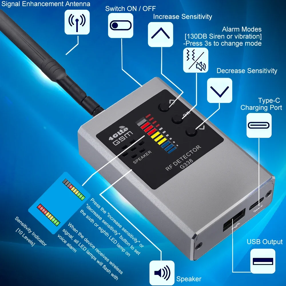 Professional Anti-Spy Hidden Camera Detector RF Signal Wireless Camera Lens Bug GPS Tracker Magnetic GSM Device Scan Finder G338