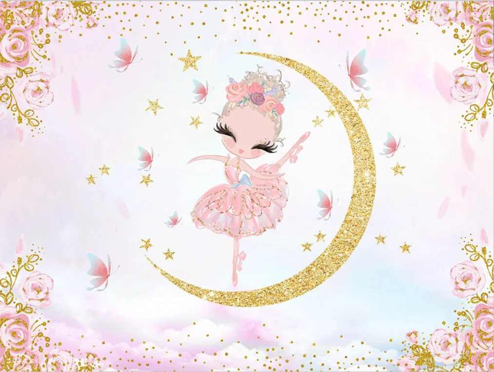 Ballet Dancer Pink Photography Backdrop Girl Birthday Baby Shower Photo Background Dance Ballerina Butterflies Star Moon Decor