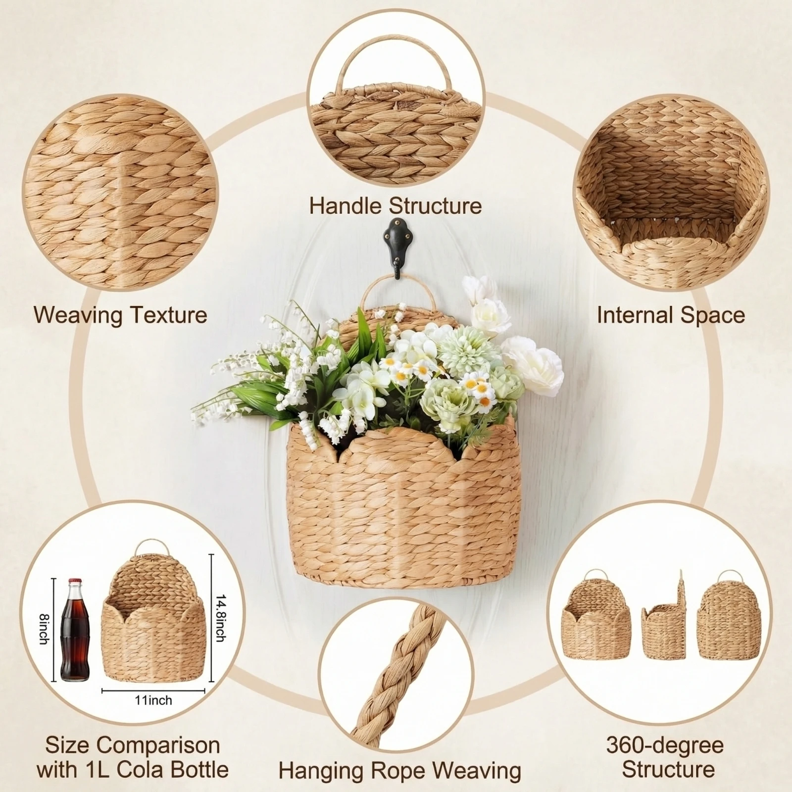 

1-5PCS Woven Hanging Storage Basket Natural Water Hyacinth Wall Organizer Planter for Home Bathroom Garden and Restaurant