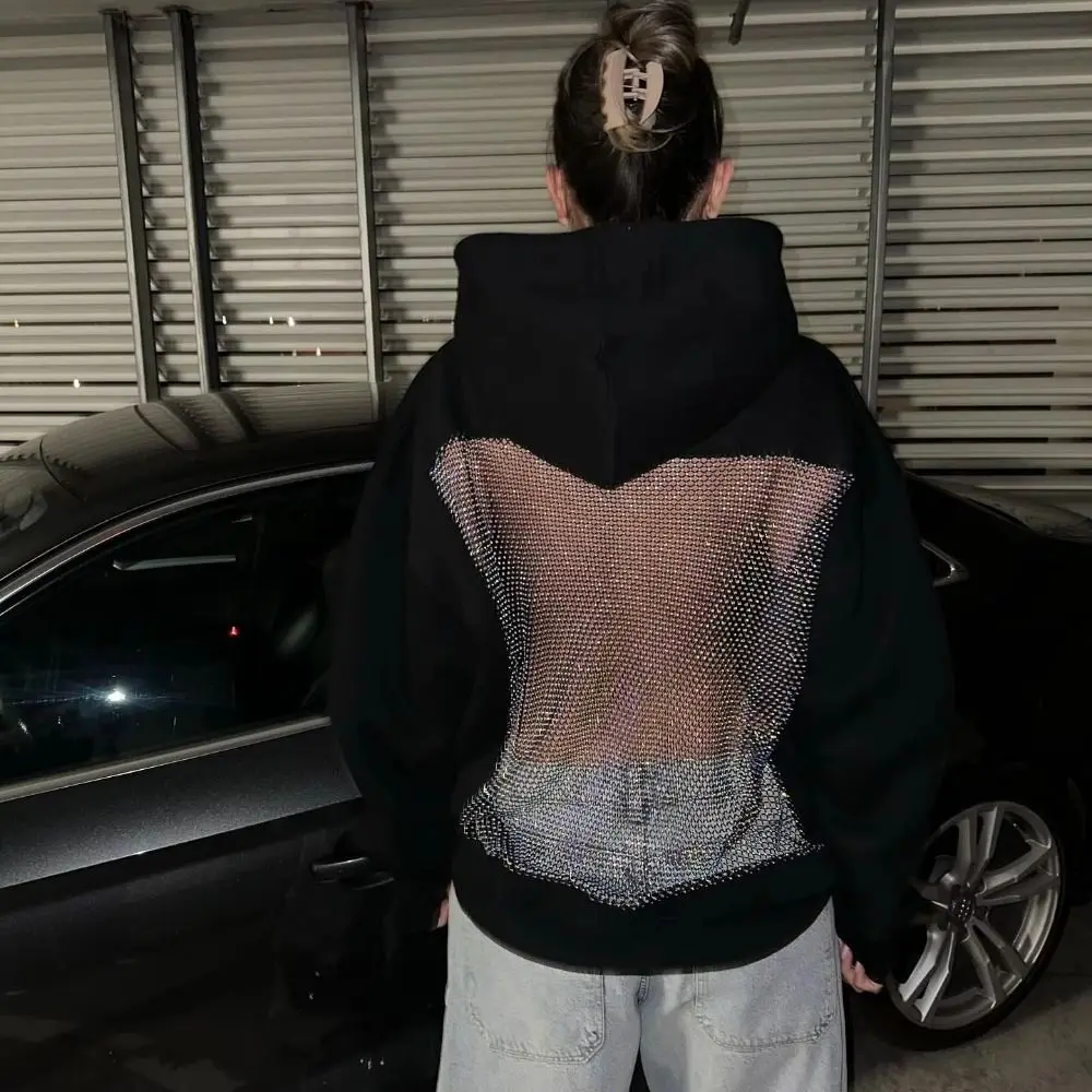 폴리에스터 섹시 홀로우 메쉬 후디 힙스터 의류 섹시한 반투명 백리스 글리터 백리스 글리터 고딕 긴 소매 재킷